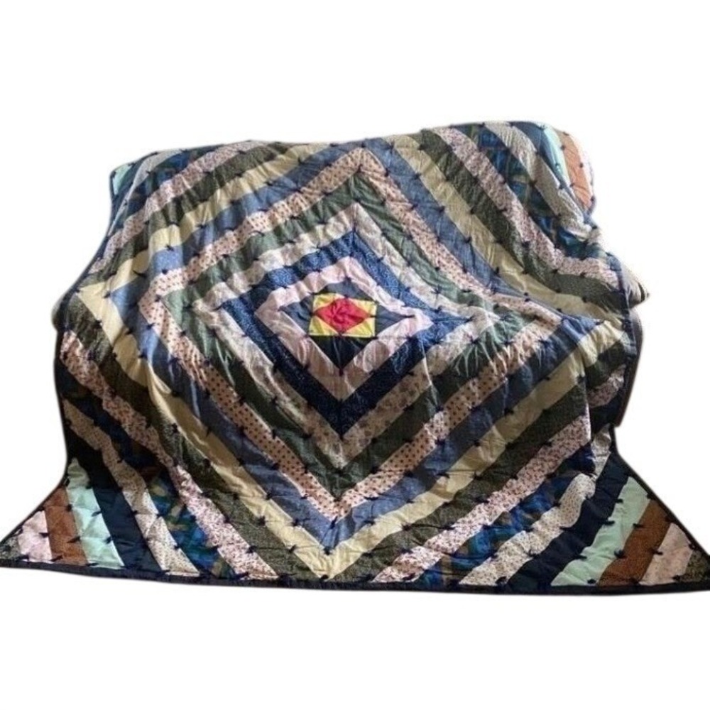 Handmade QUEEN Diamond Patchwork Quilt Blue Green Beige Pink Yellow Accent